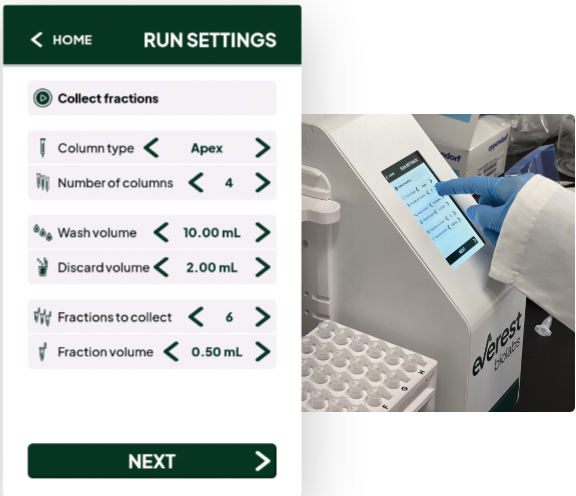 Ascent RUN SETTINGS touchscreen and the instrument in use — collect fractions with Apex column, 4 columns, 10.00 mL wash, 2.00 mL discard, 6 fractions, 0.50 mL fraction volume